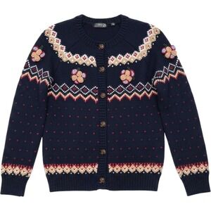MAK B‎ Navy Blue fair isle Knit Cardigan sweater Floral Embroidery Vintage Style